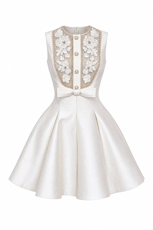 Mikado Fit and Flare Mini Dress with Embellished Tulle Bib – Ivory – view 2