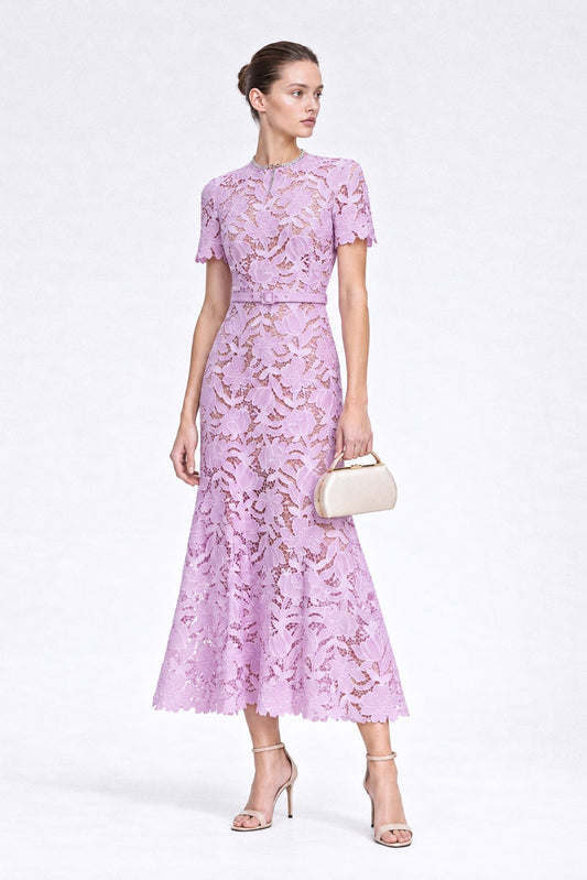 Floral Guipure Lace Belted Midi Dress with Scalloped Sleeves – Lilac