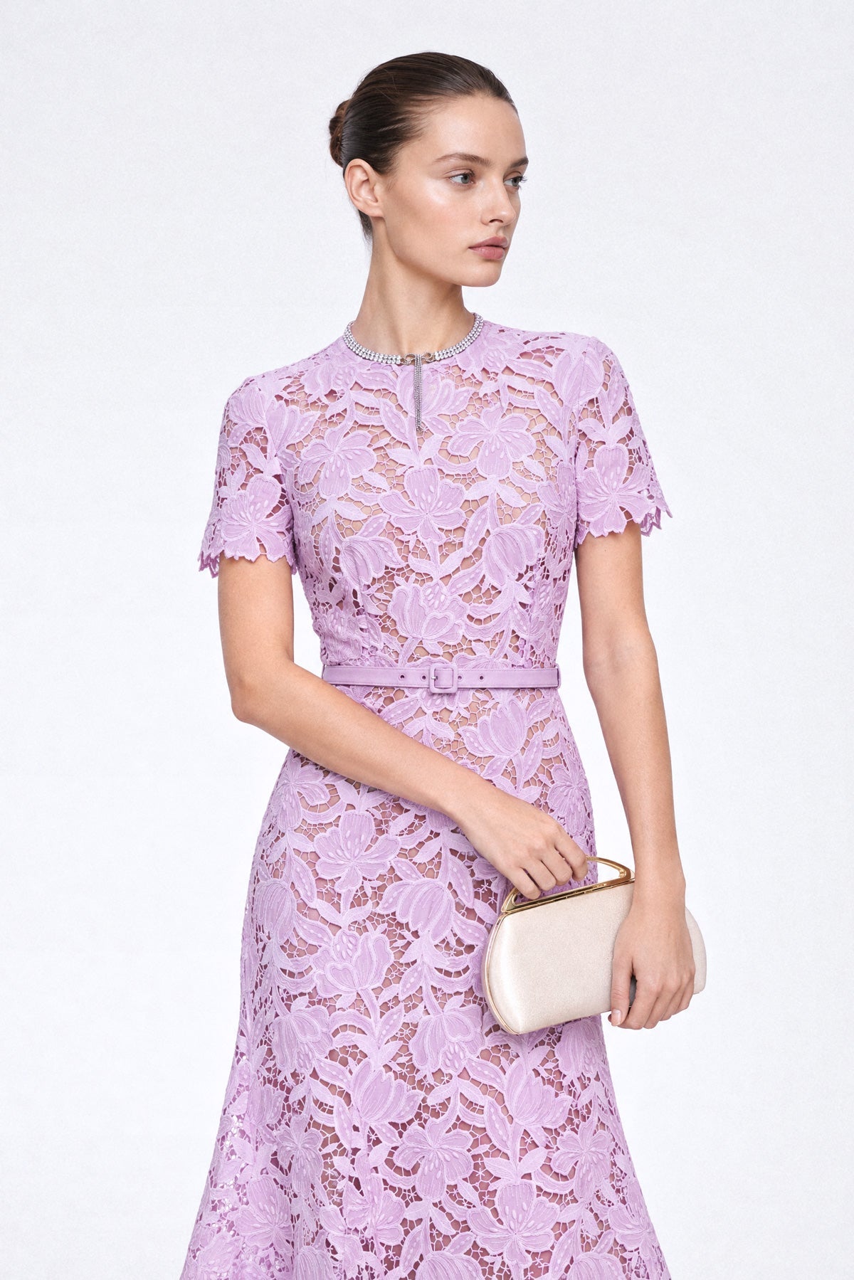 Floral Guipure Lace Belted Midi Dress with Scalloped Sleeves – Lilac – view 3