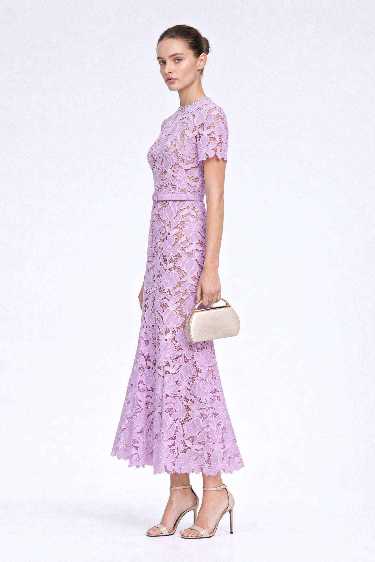 Floral Guipure Lace Belted Midi Dress with Scalloped Sleeves – Lilac – view 5