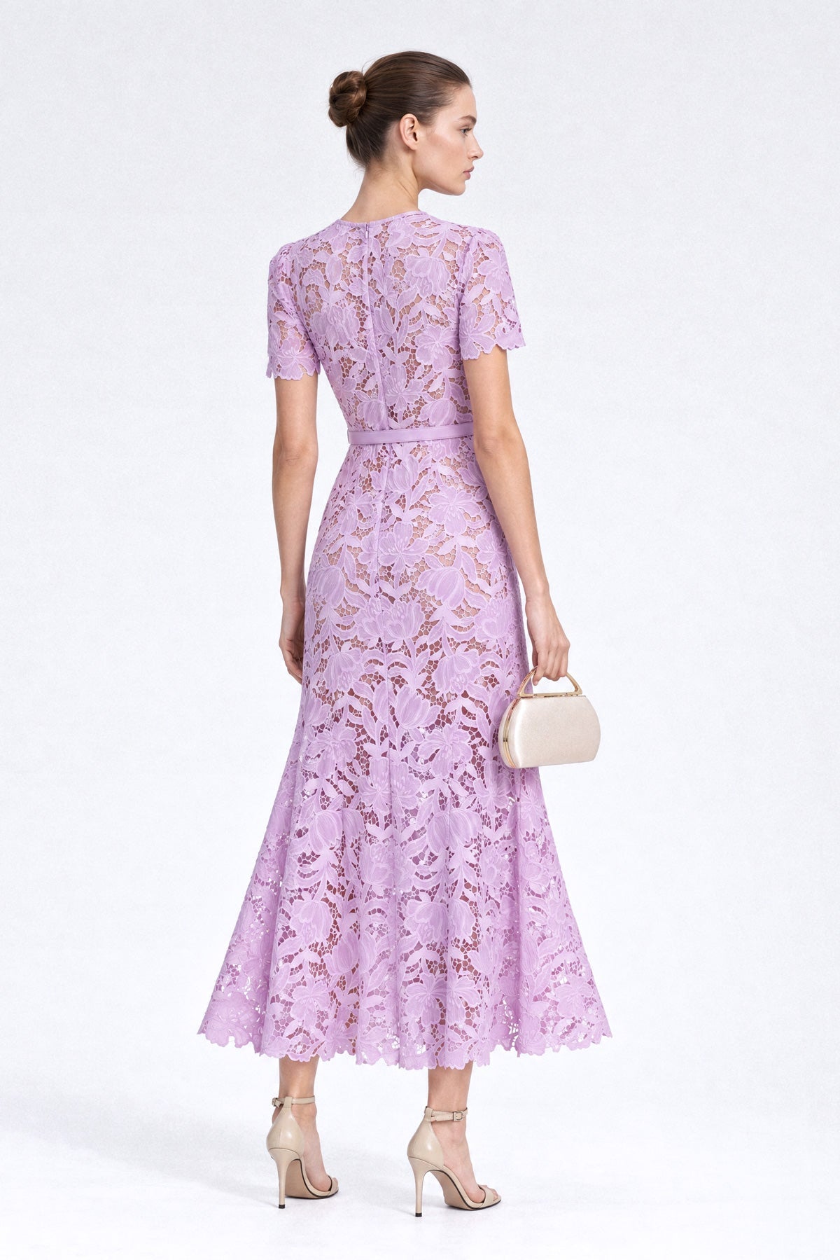 Floral Guipure Lace Belted Midi Dress with Scalloped Sleeves – Lilac – view 6