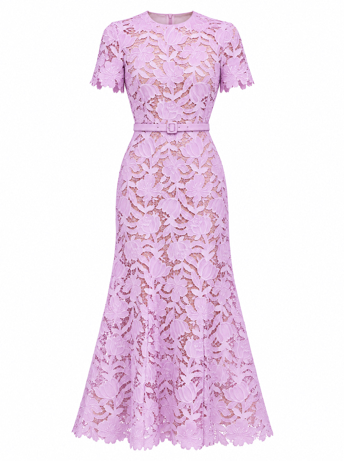 Floral Guipure Lace Belted Midi Dress with Scalloped Sleeves – Lilac – view 2