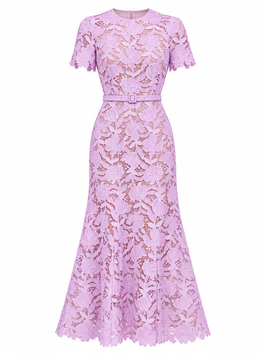 Floral Guipure Lace Belted Midi Dress with Scalloped Sleeves – Lilac – view 2