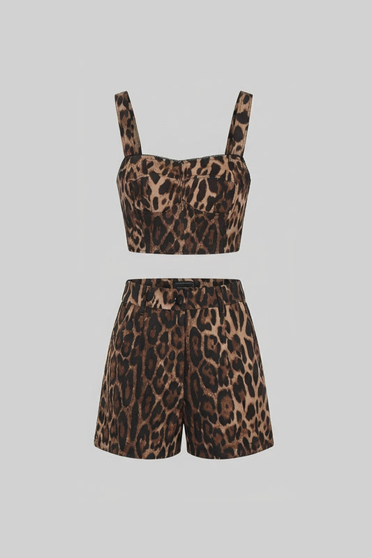 Leopard Print Wide Strap Crop Top and Tailored Shorts Set – Brown