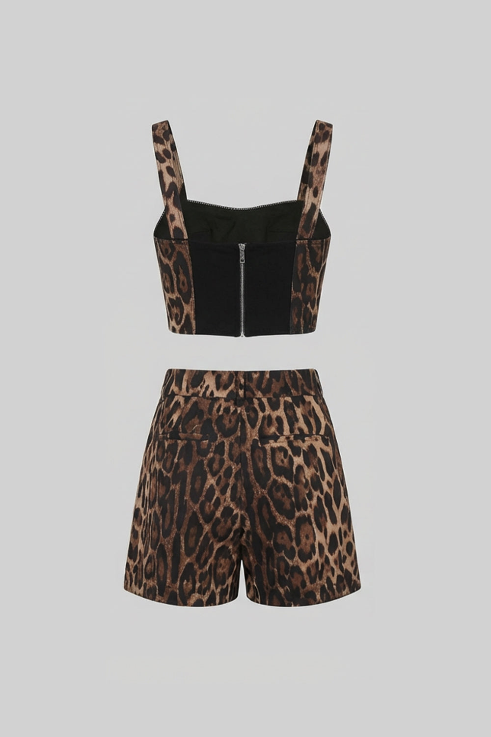 Leopard Print Wide Strap Crop Top and Tailored Shorts Set – Brown