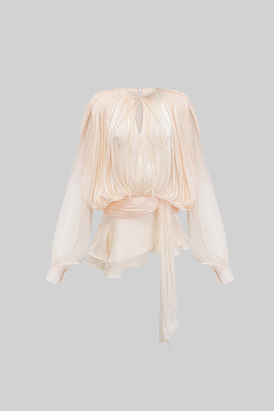 Pleated Long Sleeve Ruffle Mini Dress with Waistband – Apricot – view 2