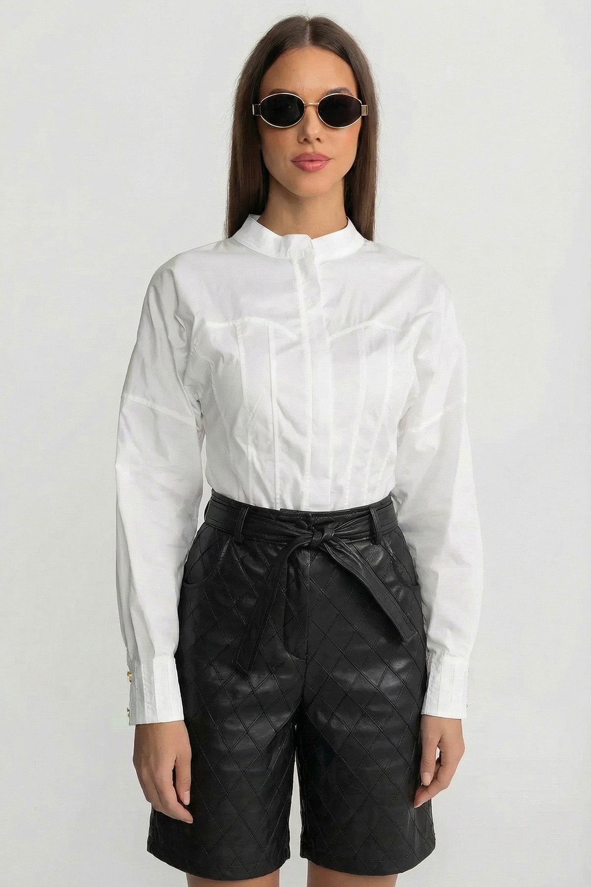Quilted Faux Leather High Waisted Shorts with Self-Tie Belt – Black – view 1