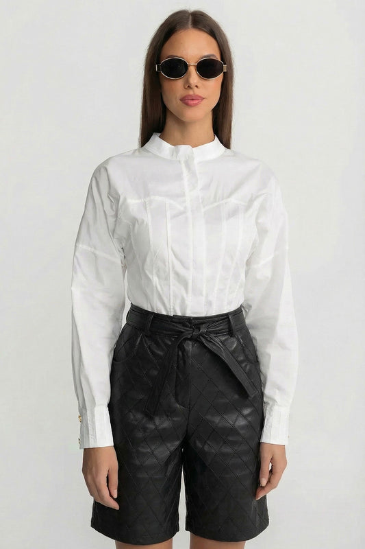 Quilted Faux Leather High Waisted Shorts with Self-Tie Belt – Black
