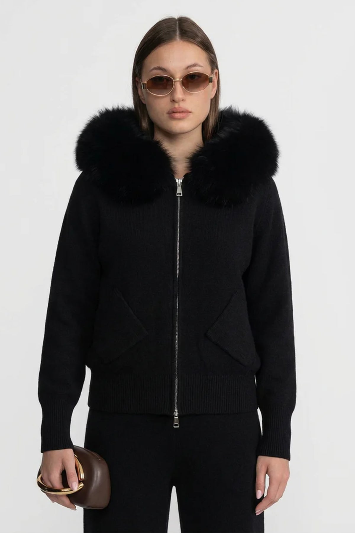 Zip-Up Wool Blend Knit Hoodie – Black – view 8