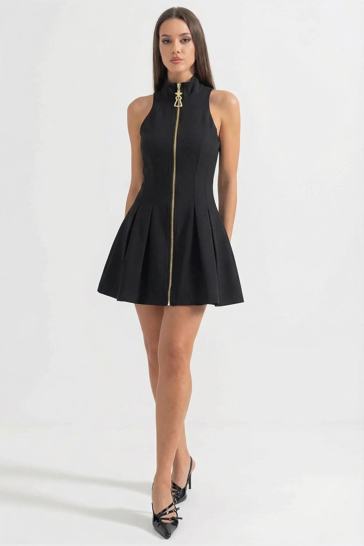 High Neck Sleeveless Mini Dress with Gold Front Zip – Black – view 3
