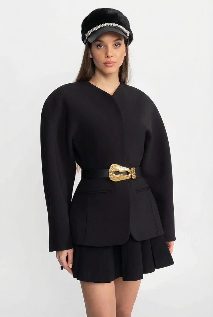 Wide Vegan Leather Belt with Hammered Gold-Tone Keyhole Buckle – Black