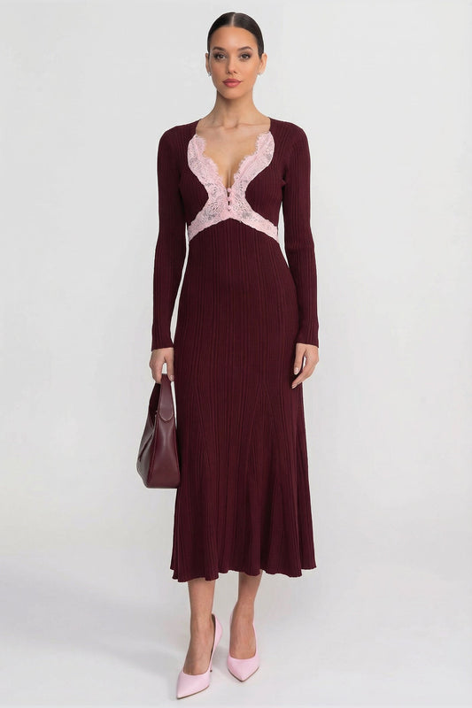 Ribbed Knit Lace Trim V-Neck Long Sleeve Midi Dress – Burgundy