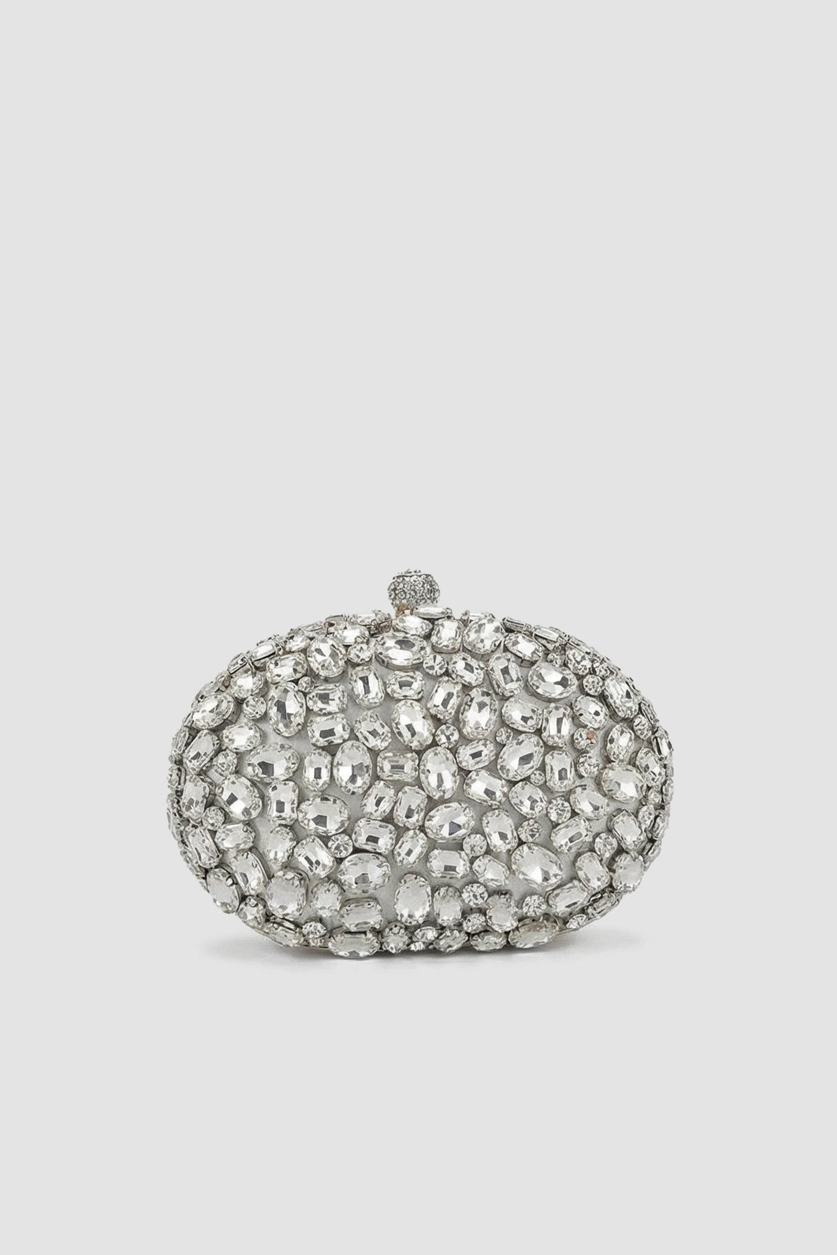 Crystal-Embellished Oval Clutch with All-Over Stone Finish – Silver – view 2