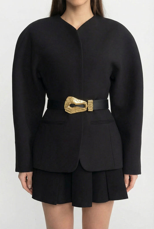 Wide Vegan Leather Belt with Hammered Gold-Tone Keyhole Buckle – Black