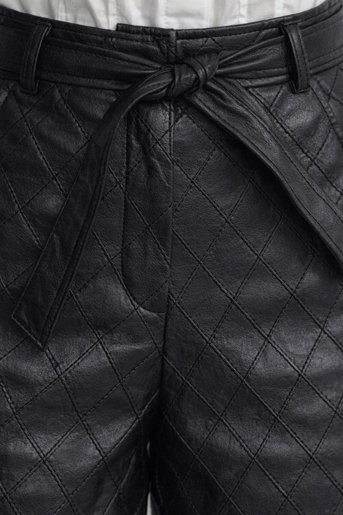 Quilted Faux Leather High Waisted Shorts with Self-Tie Belt – Black – view 3
