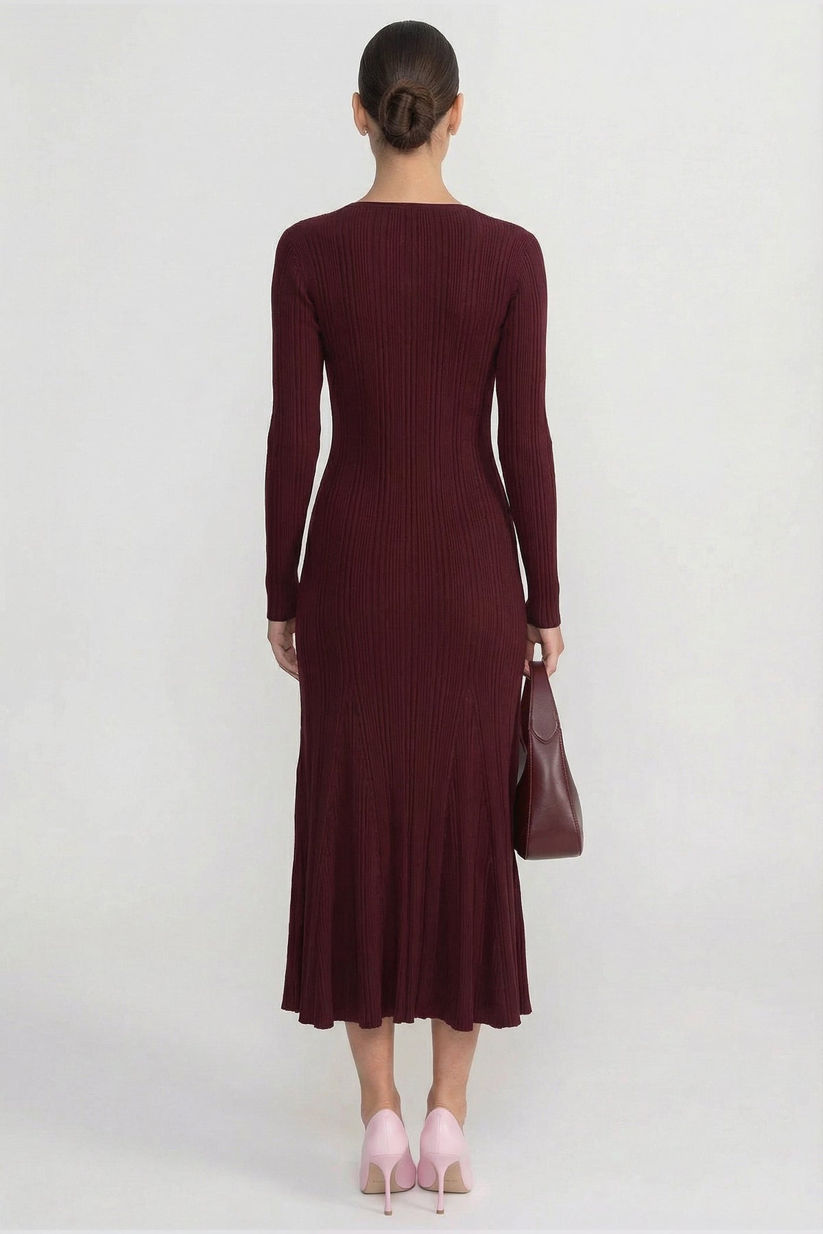 Ribbed Knit Lace Trim V-Neck Long Sleeve Midi Dress – Burgundy – view 4