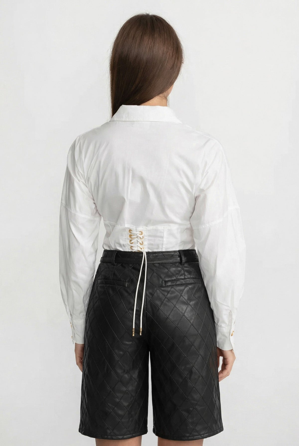 Quilted Faux Leather High Waisted Shorts with Self-Tie Belt – Black – view 4