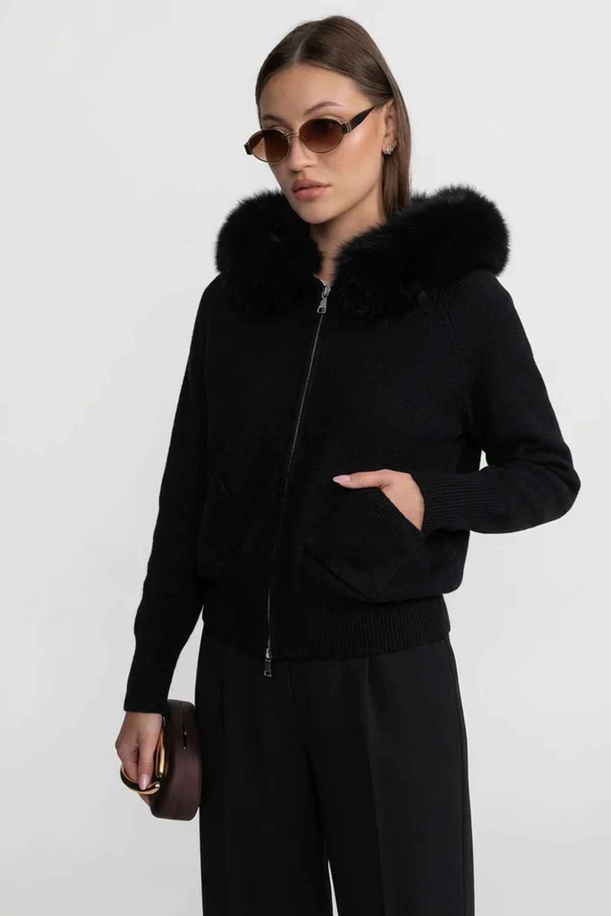 Zip-Up Wool Blend Knit Hoodie – Black – view 7