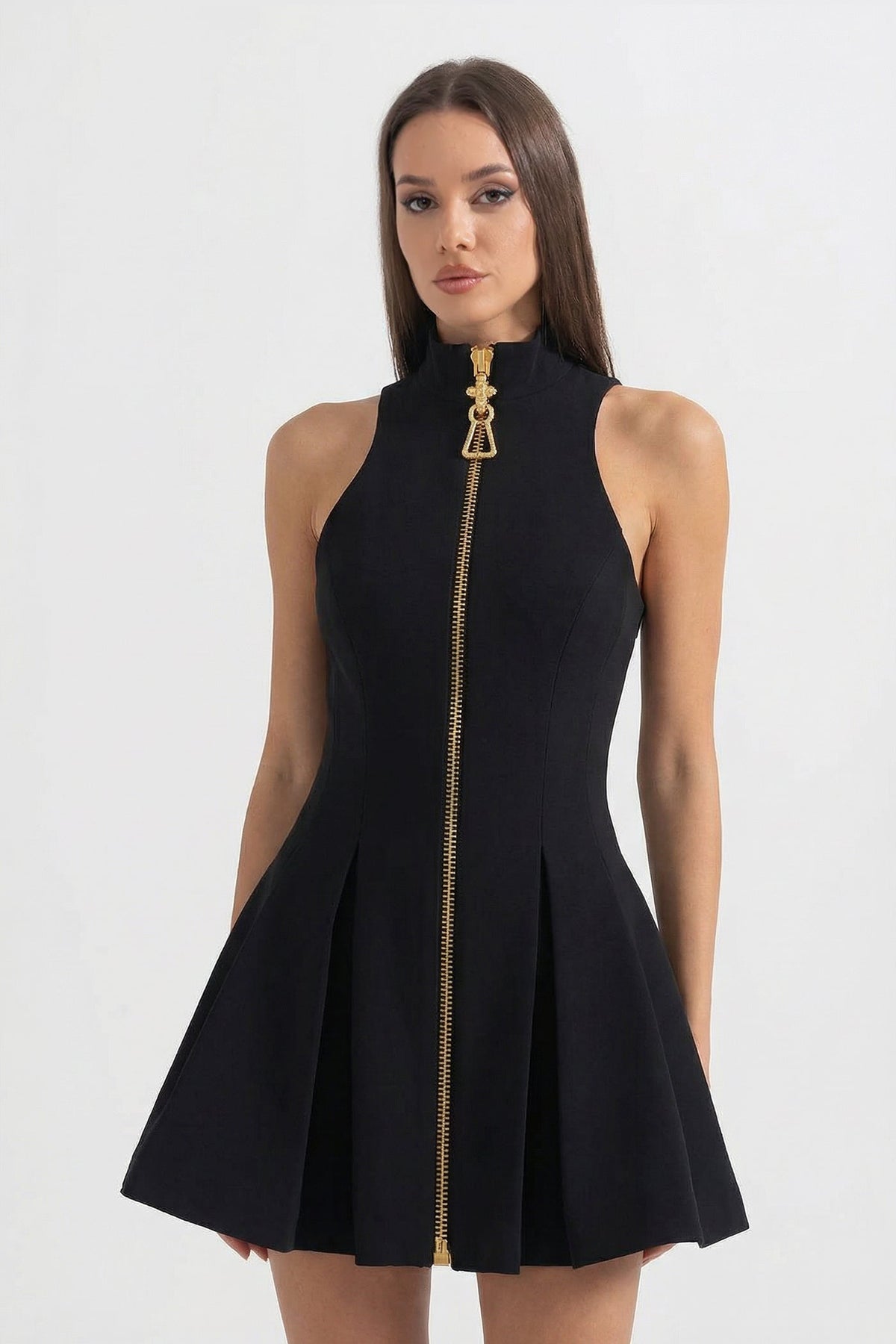 High Neck Sleeveless Mini Dress with Gold Front Zip – Black