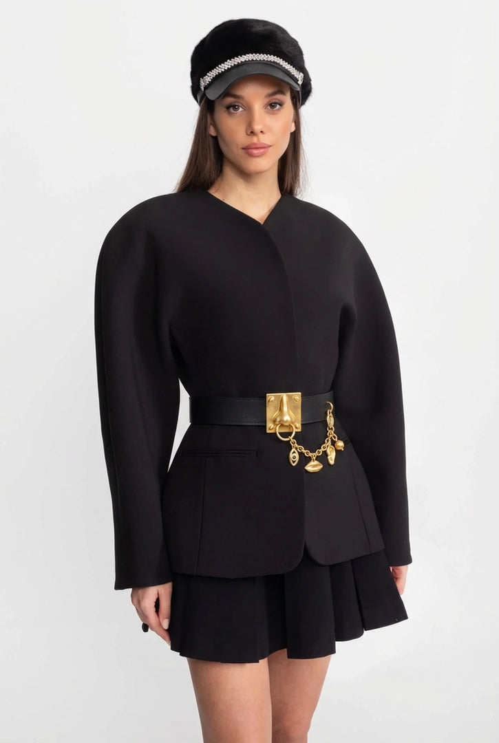 Wide Vegan Leather Belt with Gold Buckle and Charm Chain – Black