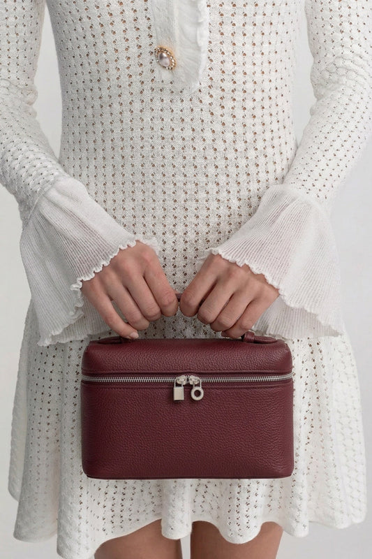 Structured Pebbled Leather Vanity Bag with Top Handle – Burgundy