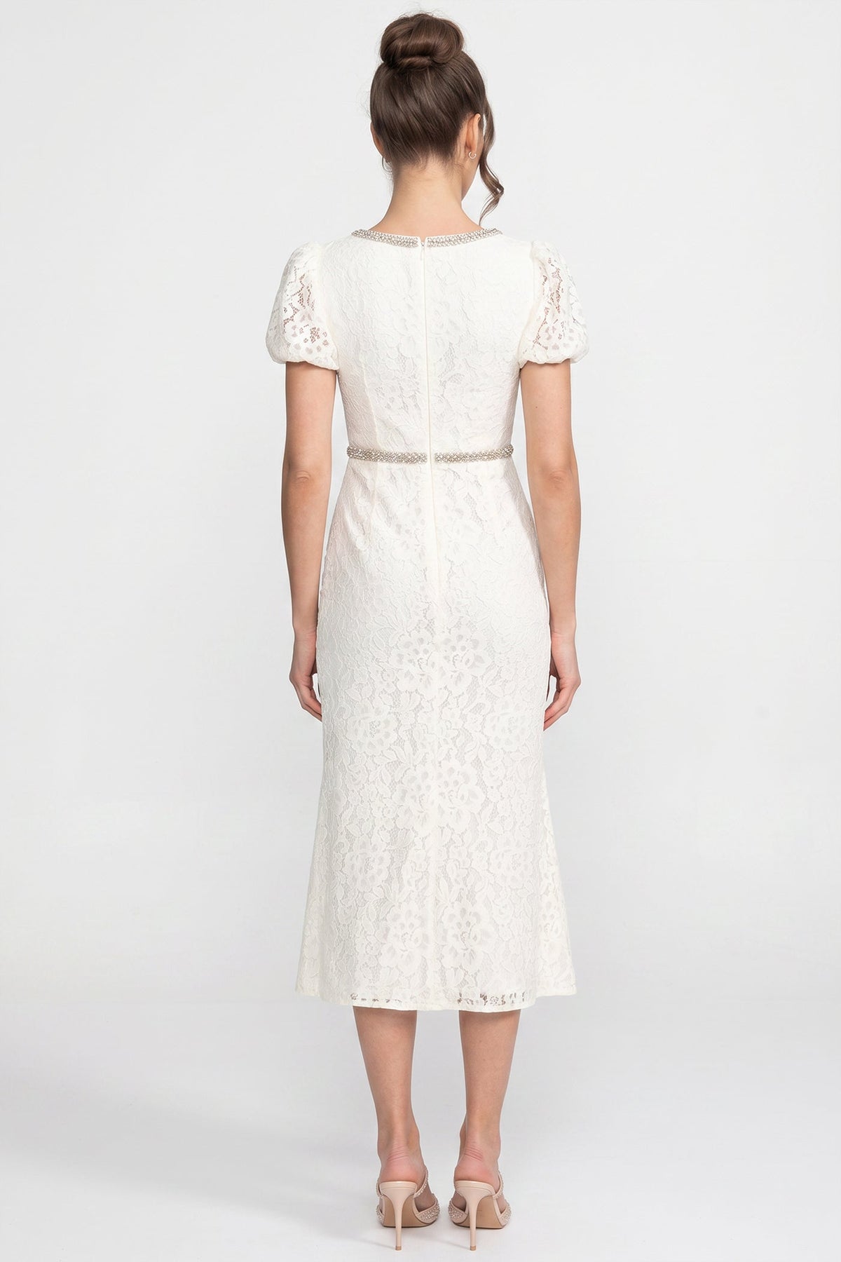 Lace Scoop Neck Puff Sleeve Dress with Button Detail – Ivory – view 6