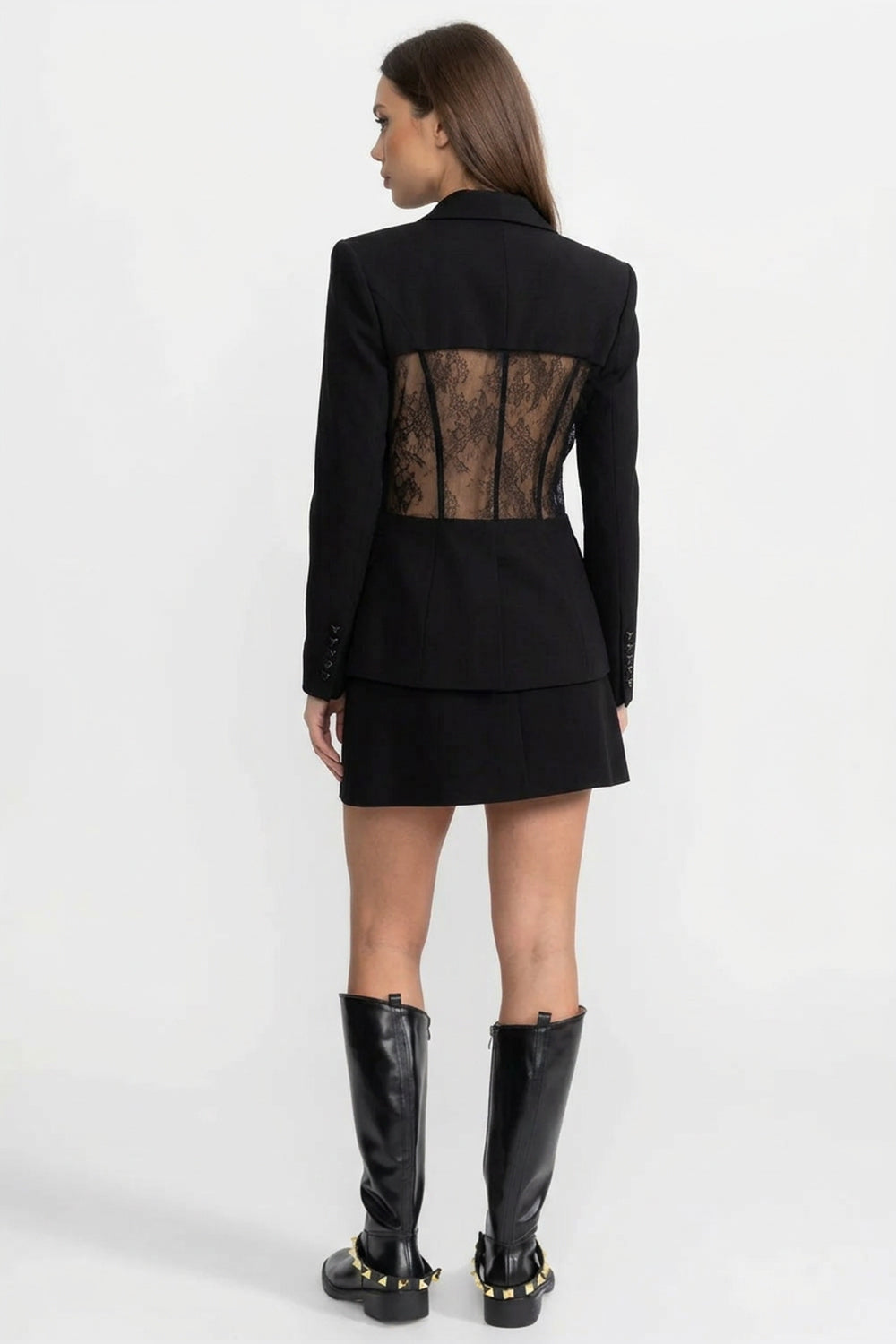 Plunge Neck Tailored Blazer with Sheer Lace Waist Panels – Black – view 4
