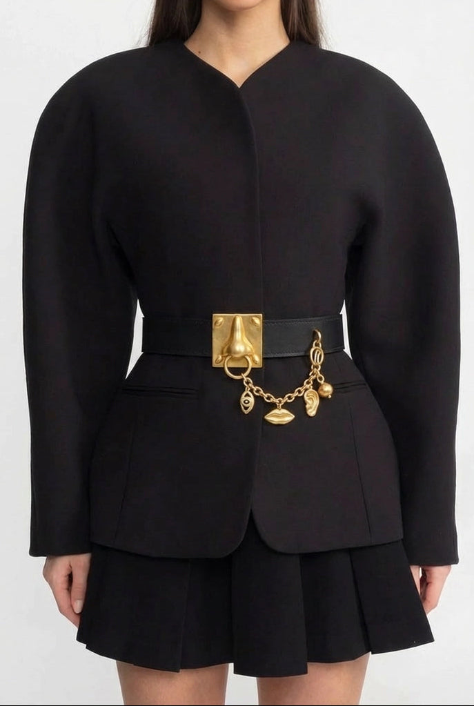 Wide Vegan Leather Belt with Gold Buckle and Charm Chain – Black
