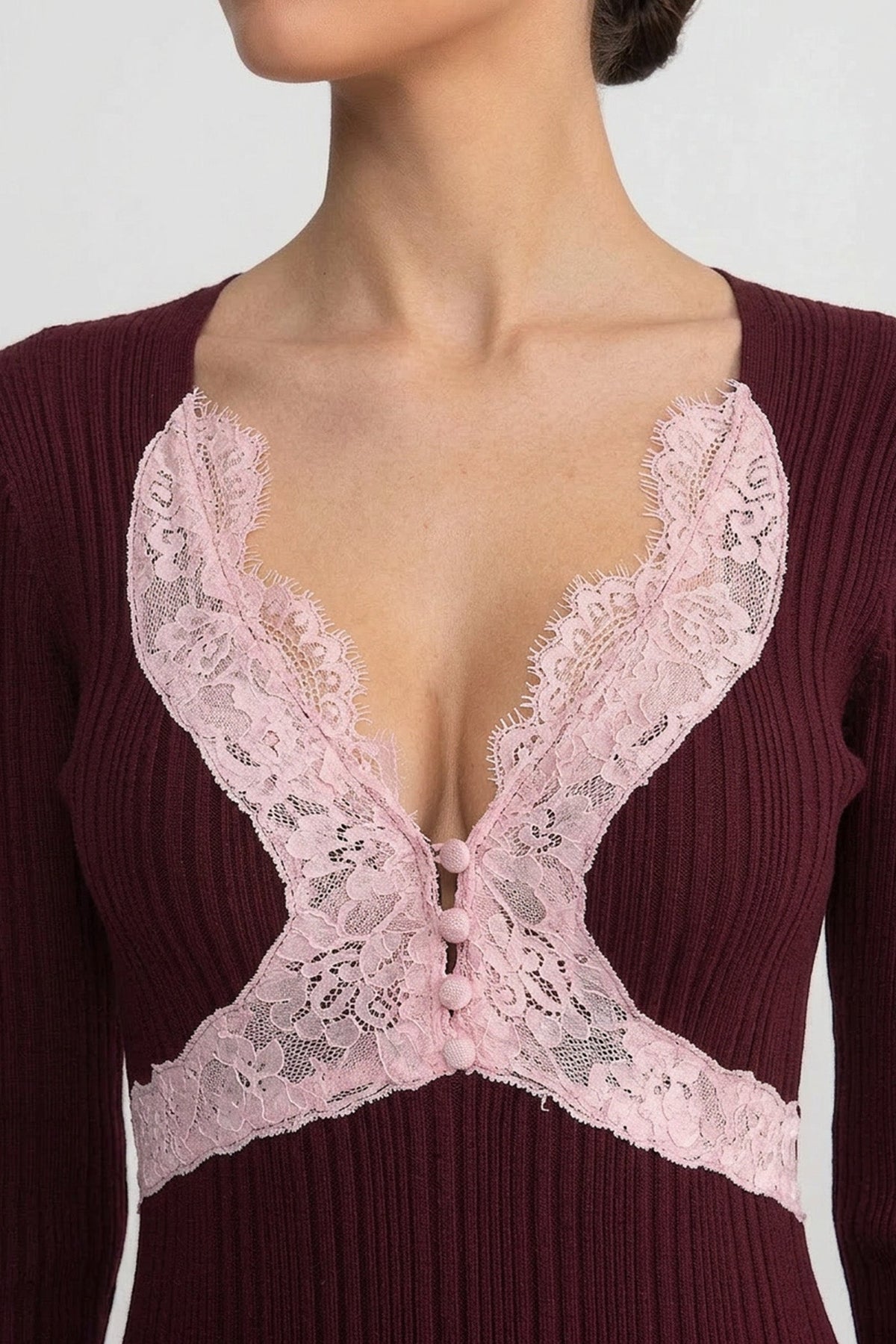 Ribbed Knit Lace Trim V-Neck Long Sleeve Midi Dress – Burgundy – view 3