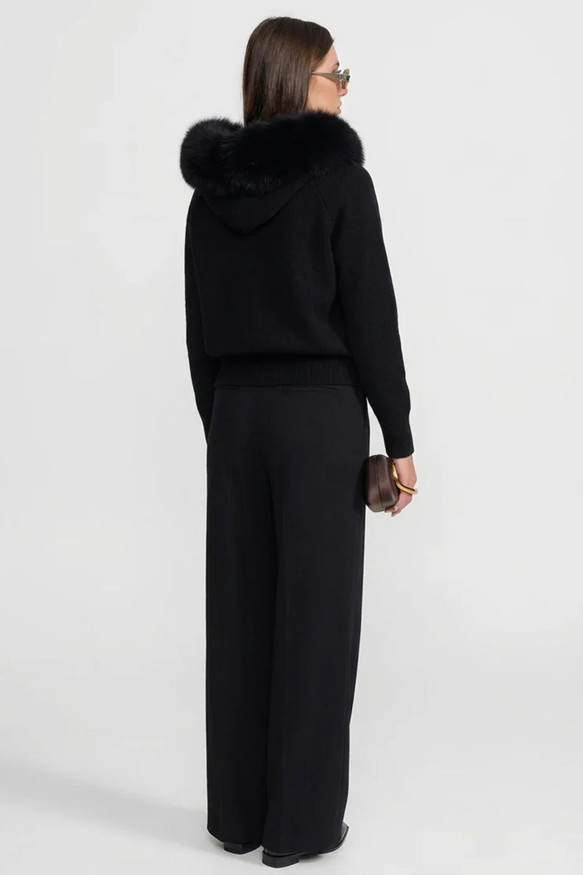 Zip-Up Wool Blend Knit Hoodie – Black – view 9