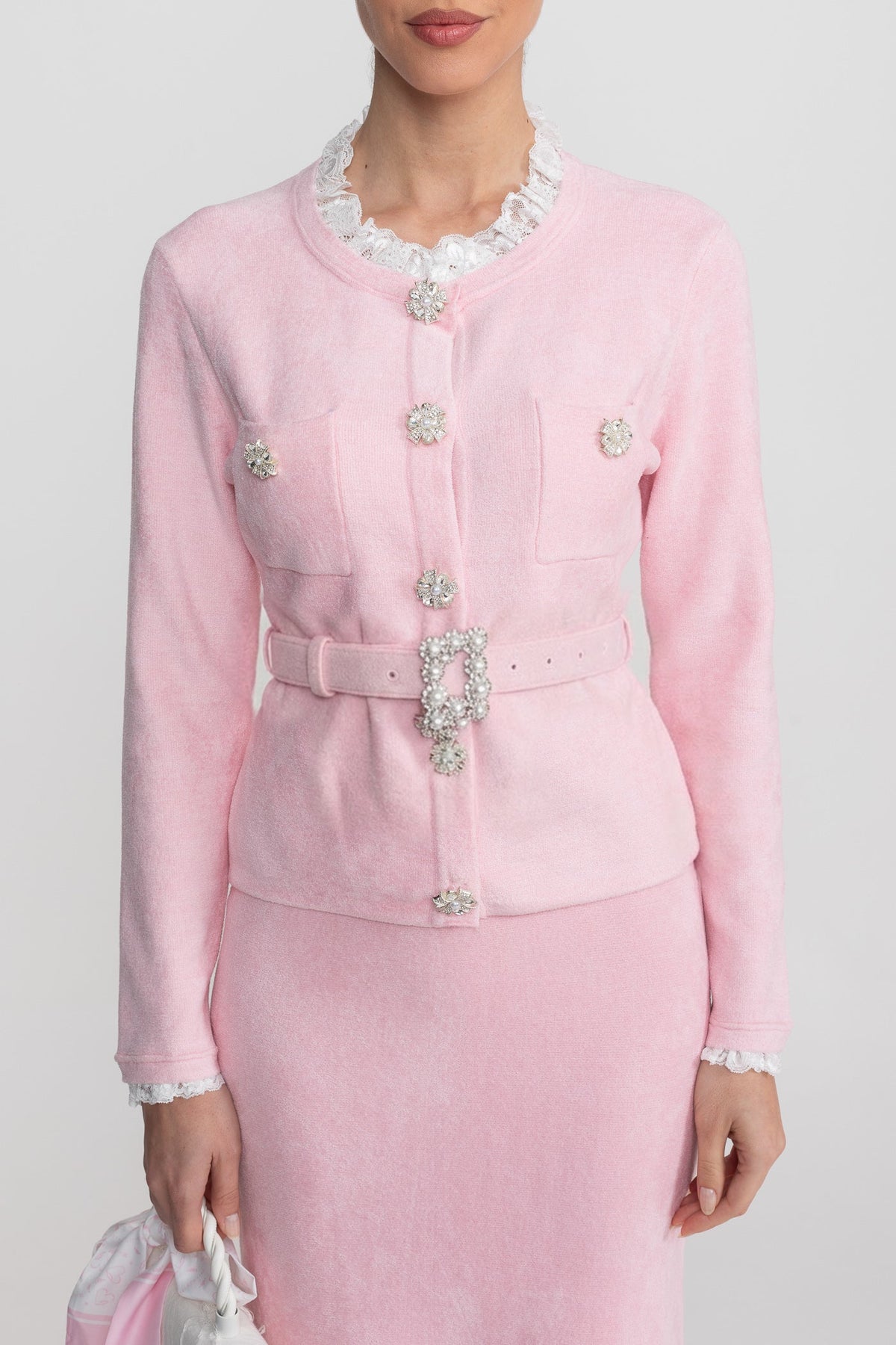 Lace Trim Knit Cardigan and Midi Skirt Co-ord with Crystal Buttons – Blush Pink