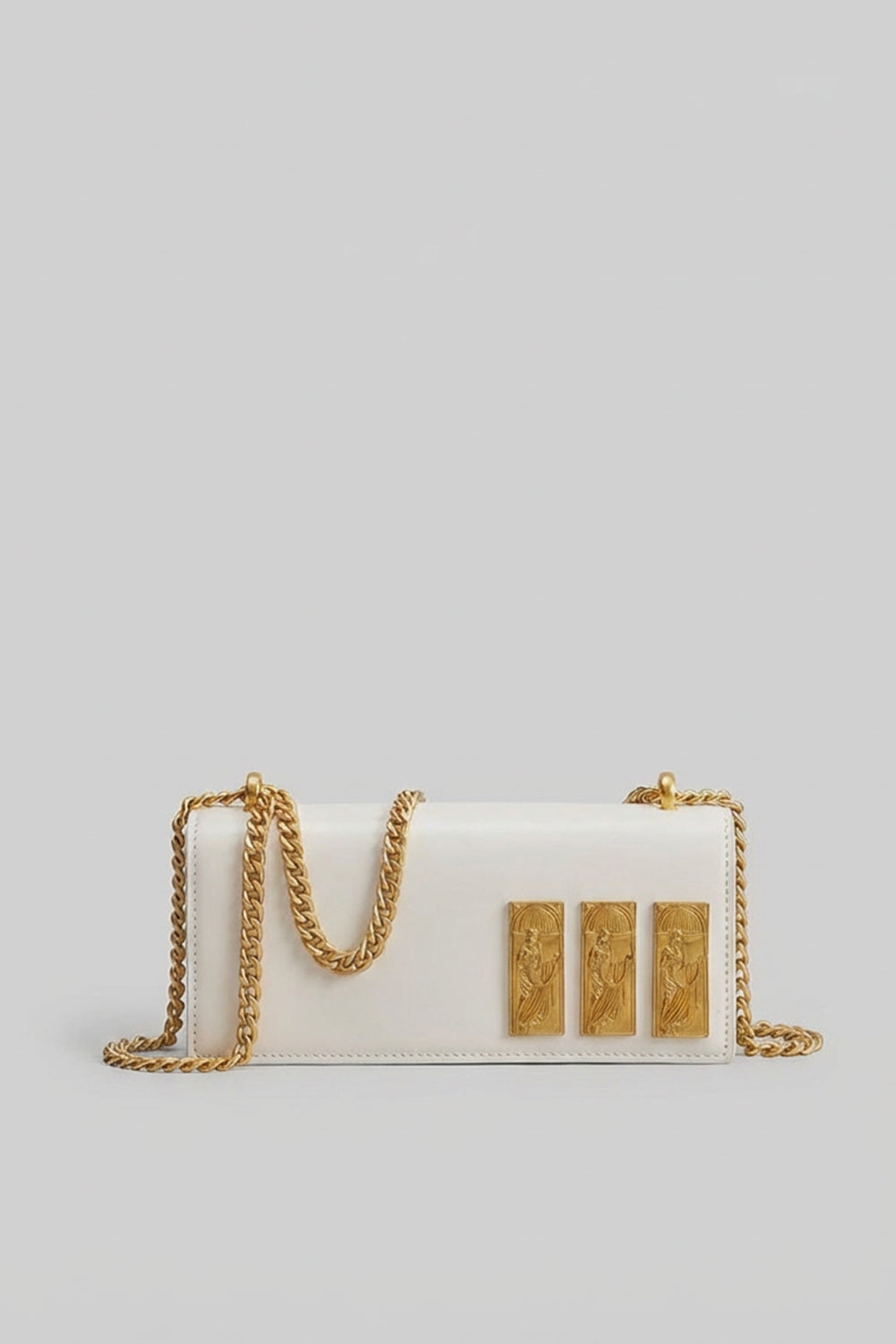 Structured Chain Shoulder Bag with Gold Embossed Plaques – White – view 2