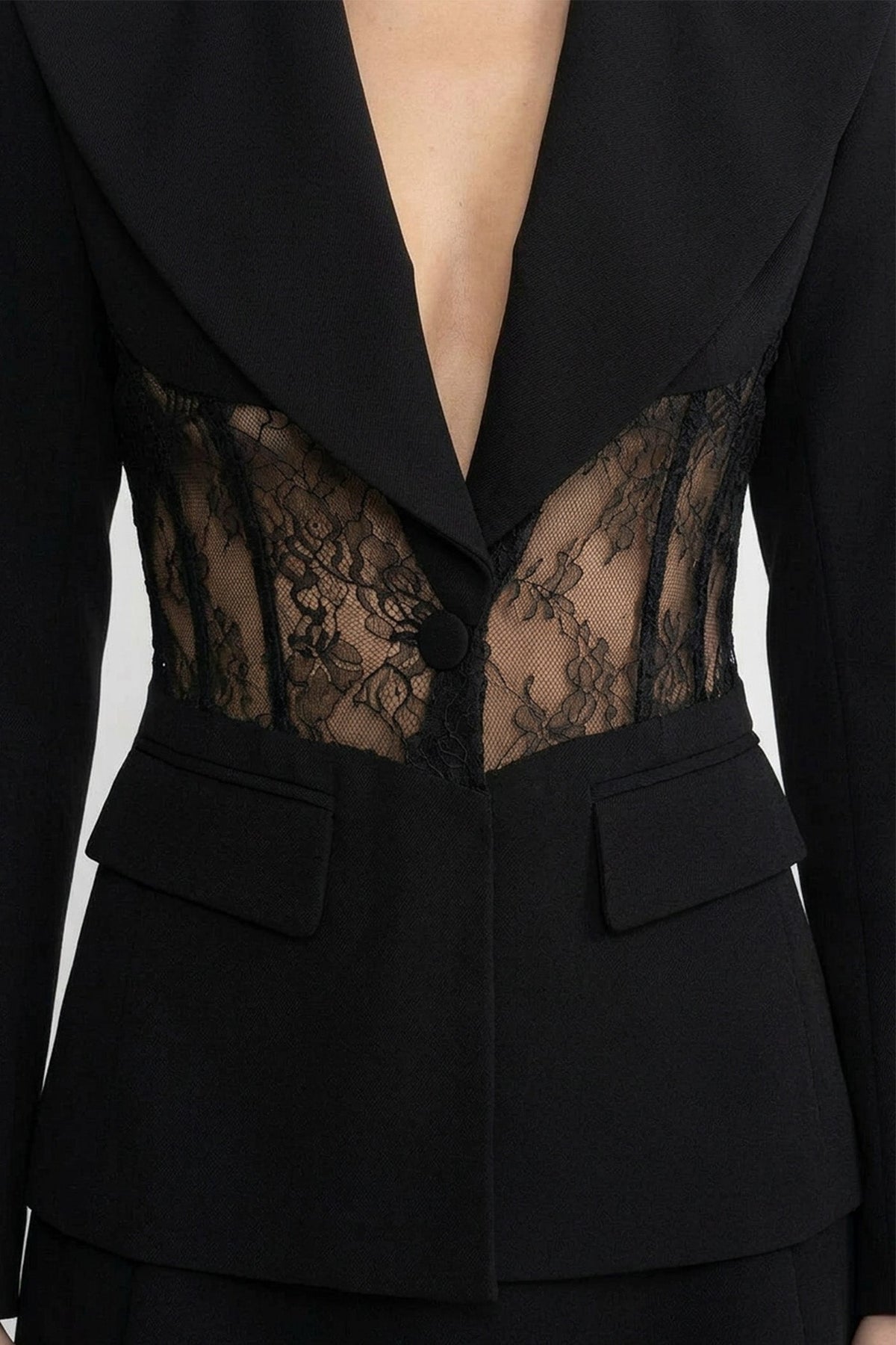 Plunge Neck Tailored Blazer with Sheer Lace Waist Panels – Black – view 3
