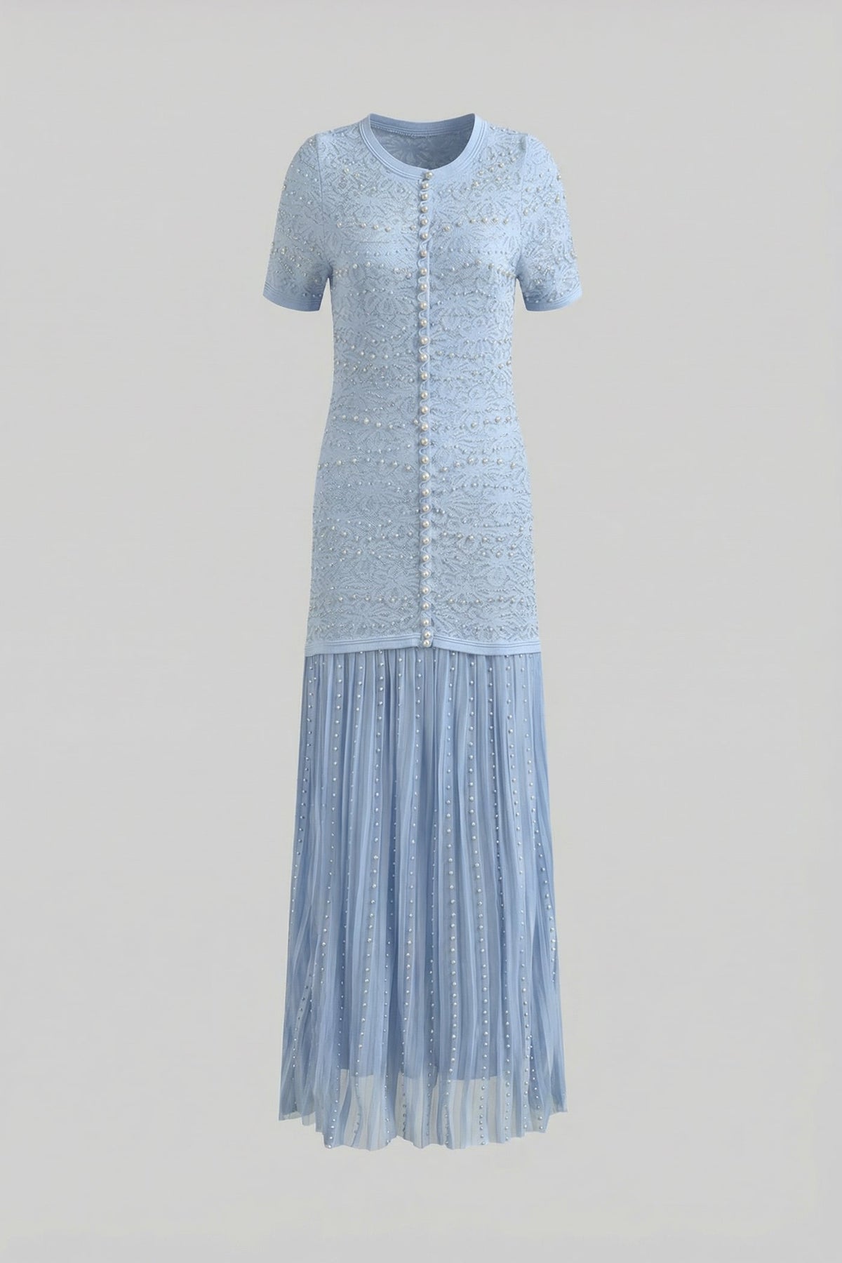 Pearl Embellished Short Sleeve Maxi Dress with Pleated Skirt – Powder Blue – view 8