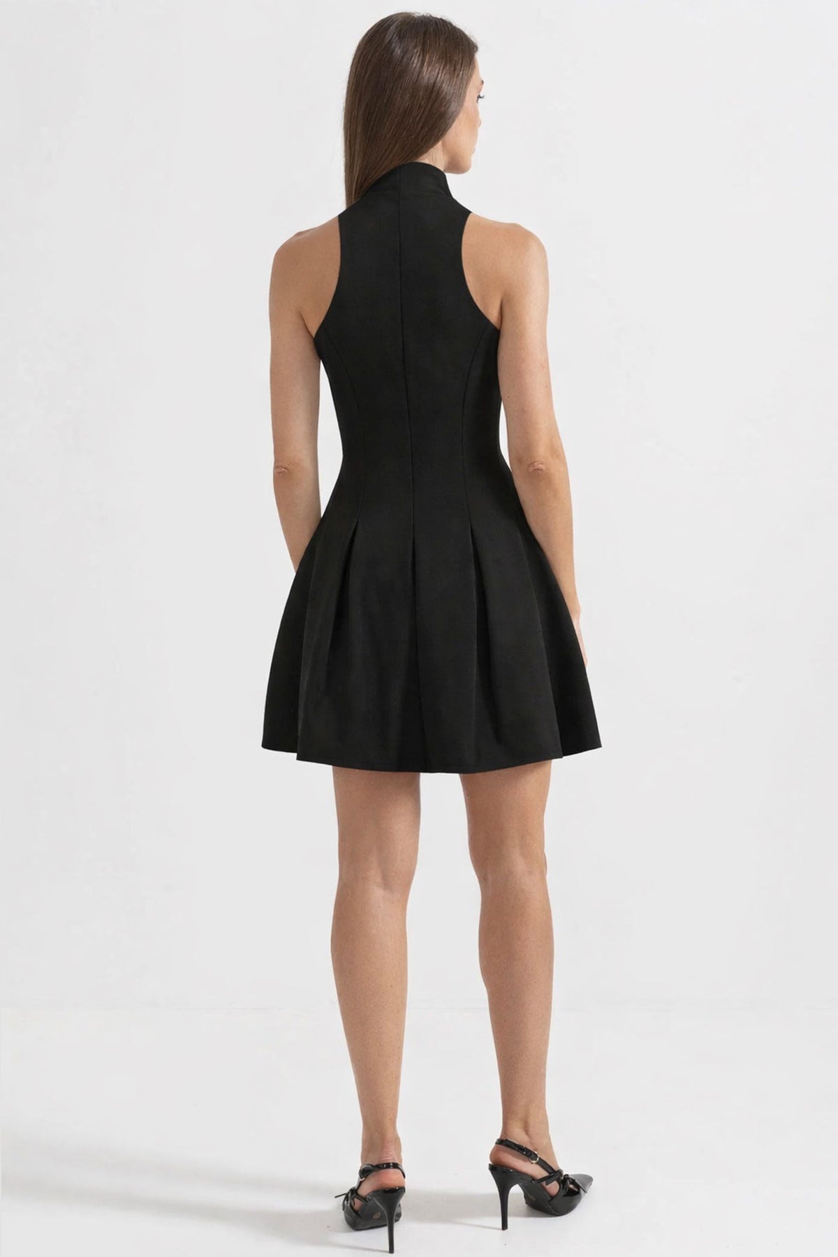 High Neck Sleeveless Mini Dress with Gold Front Zip – Black