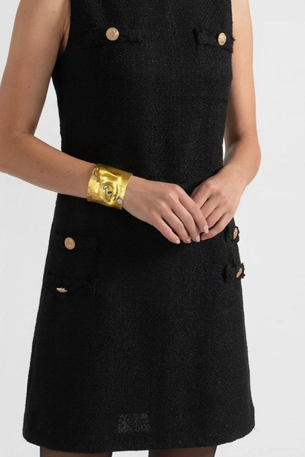 Wide Hammered Open Cuff Bracelet with Crystal Pavé Accents – Gold – view 3