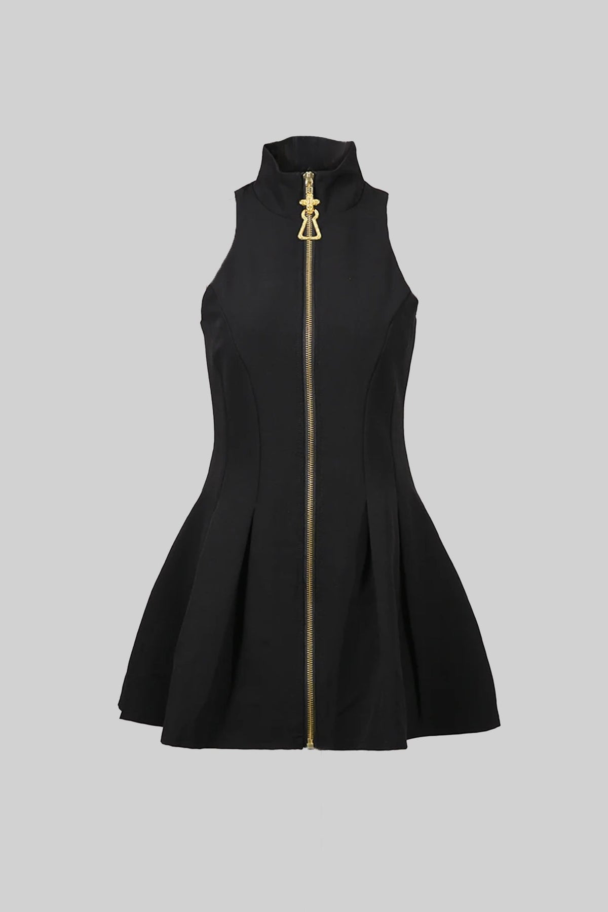 High Neck Sleeveless Mini Dress with Gold Front Zip – Black – view 2