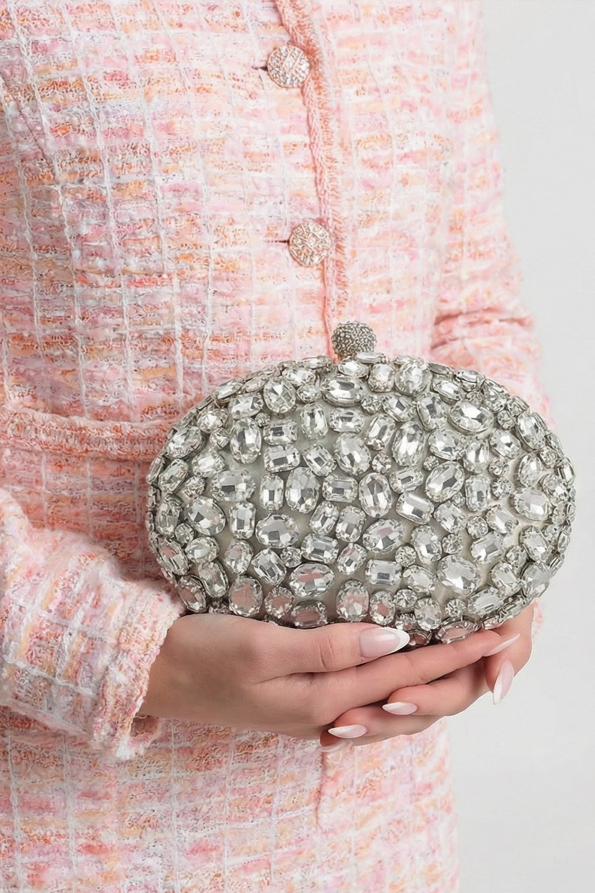 Crystal-Embellished Oval Clutch with All-Over Stone Finish – Silver – view 2