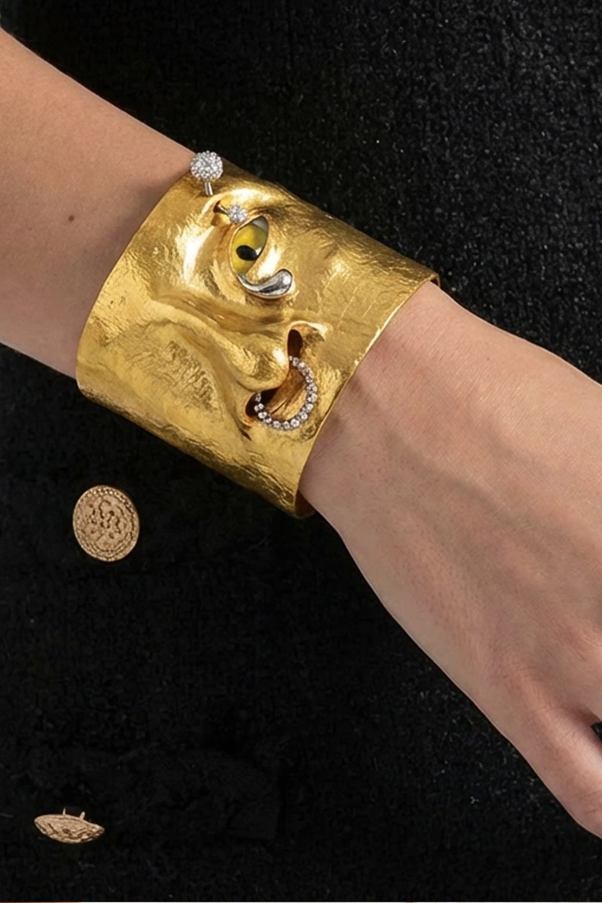 Wide Hammered Open Cuff Bracelet with Crystal Pavé Accents – Gold