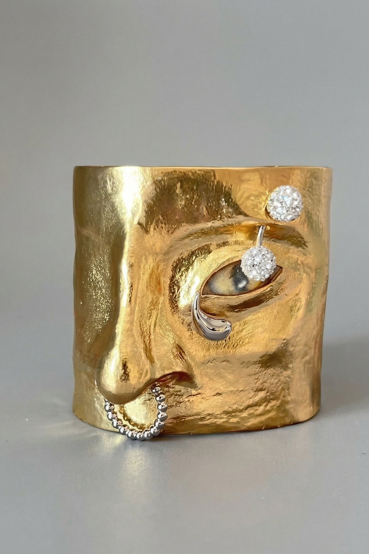 Wide Hammered Open Cuff Bracelet with Crystal Pavé Accents – Gold – view 4