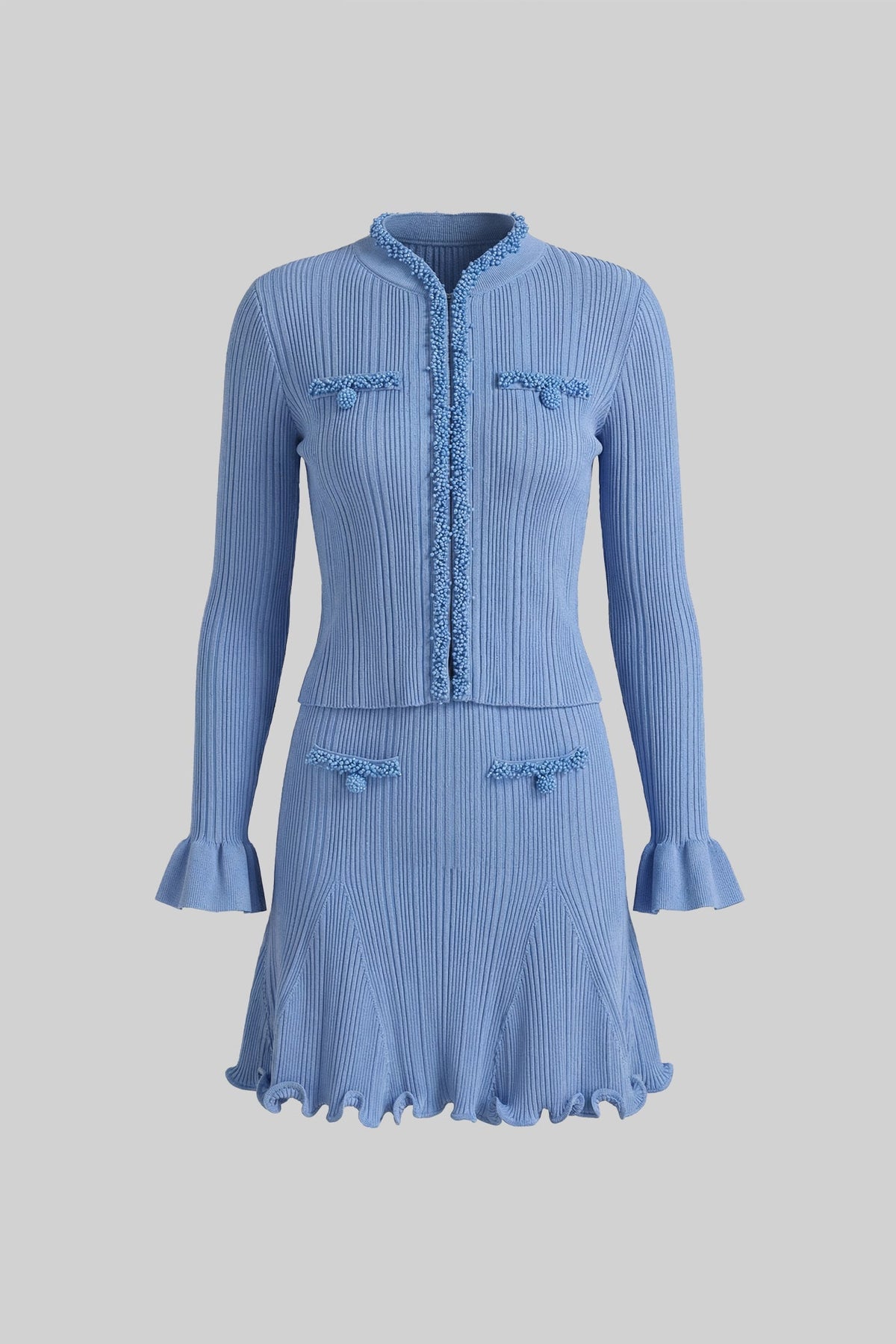 Ribbed Knit Long Sleeve Beaded Top and Mini Skirt Set – Blue – view 7