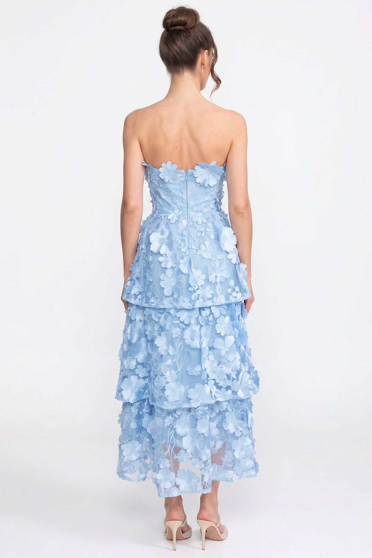 Strapless Layered Lace Midi Dress with Floral Appliqués – Light Blue – view 4