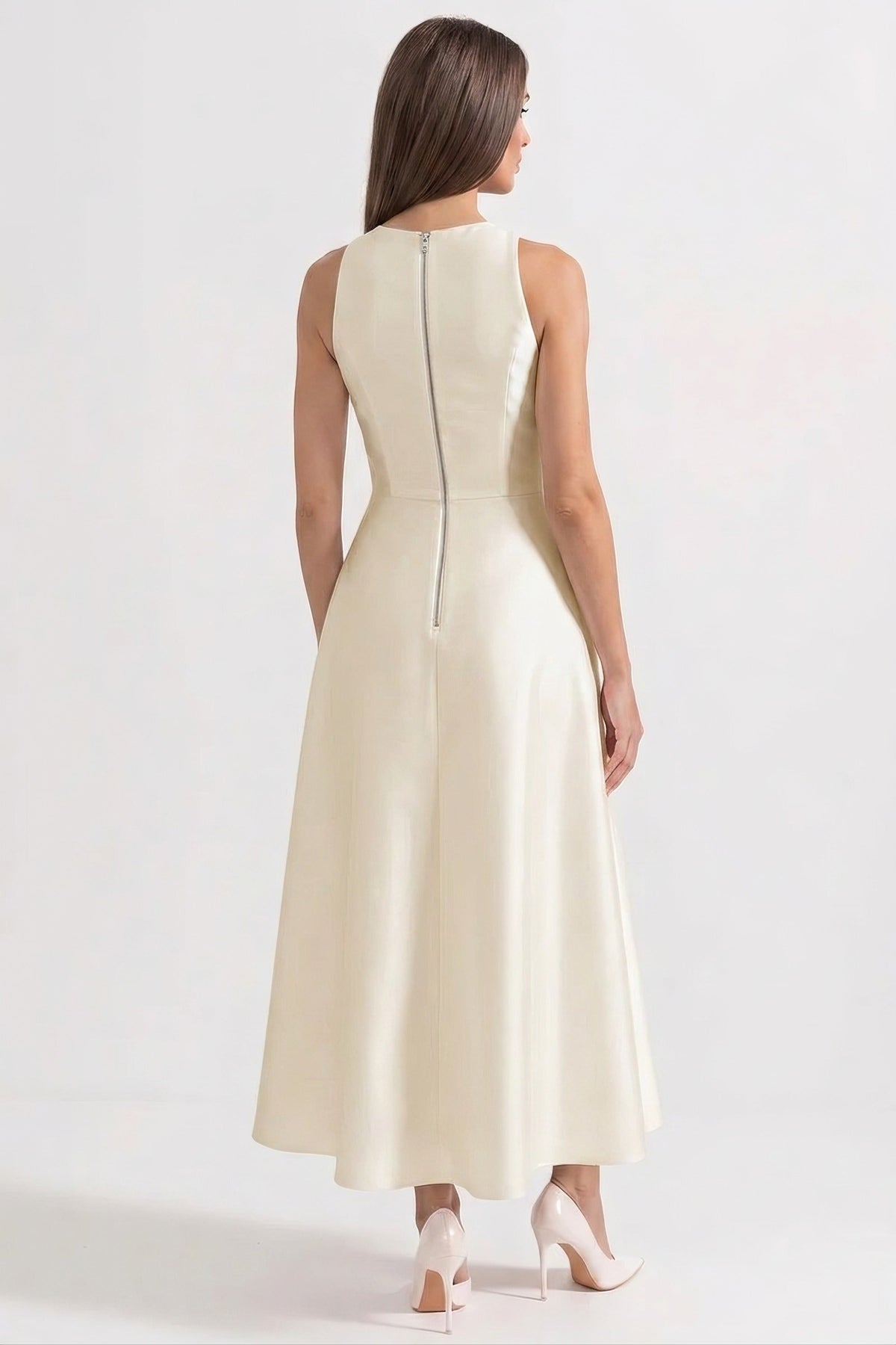 Halter Neck Button Front Maxi Dress with Black Bow and Pockets – White – view 5