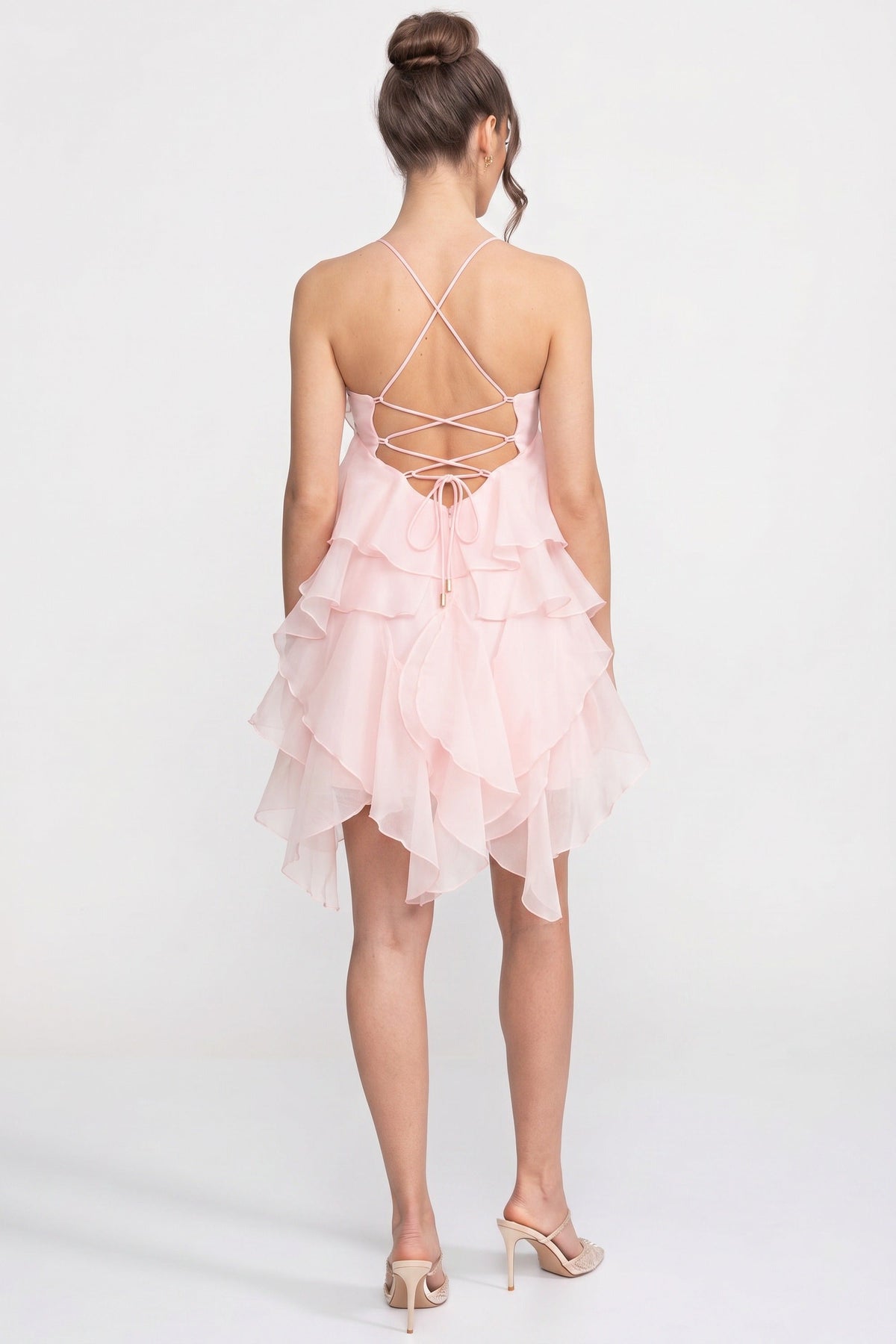 Tiered Ruffle Mini Dress with 3D Floral Halter Neck – Pink – view 5