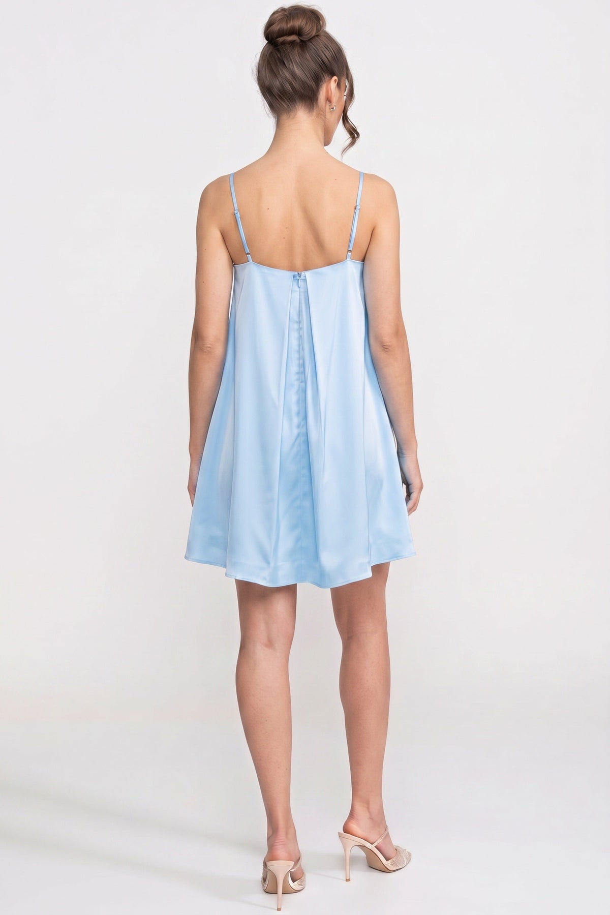 Spaghetti Strap A-Line Mini Dress with 3D Camellia Appliqué – Blue – view 7