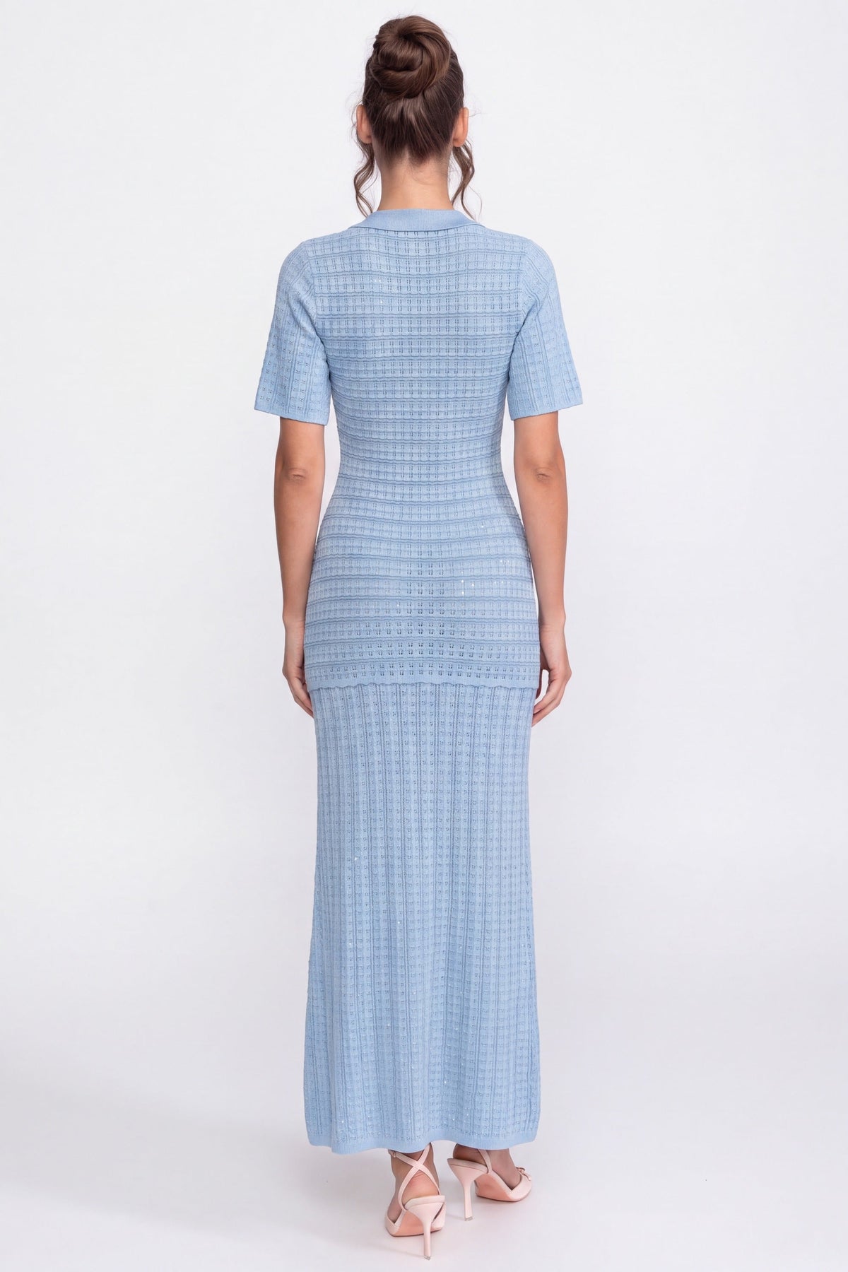 Shimmer Knit Button Front Midi Dress with Pleated Skirt – Light Blue – view 6