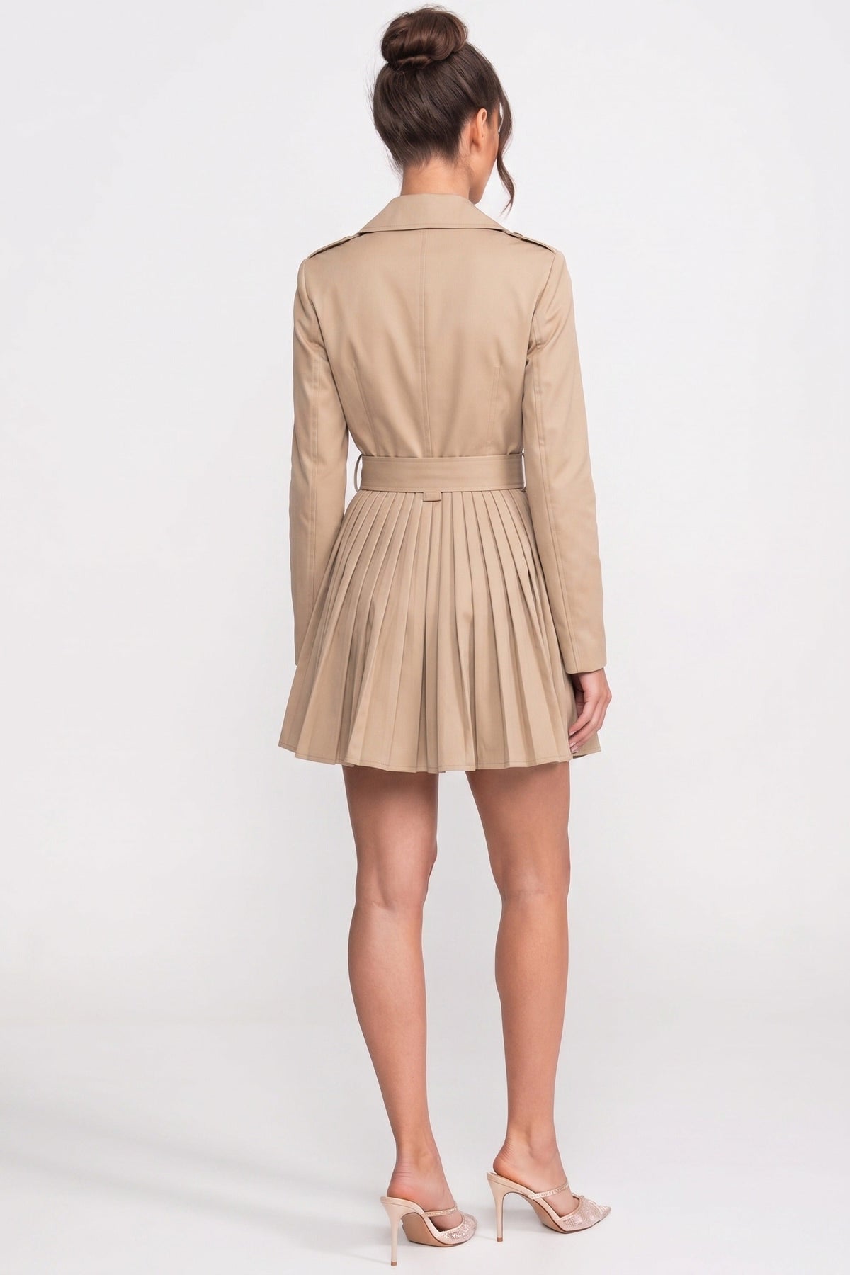 Double-Breasted Belted Trench Coat with Pleated Skirt – Khaki – view 5
