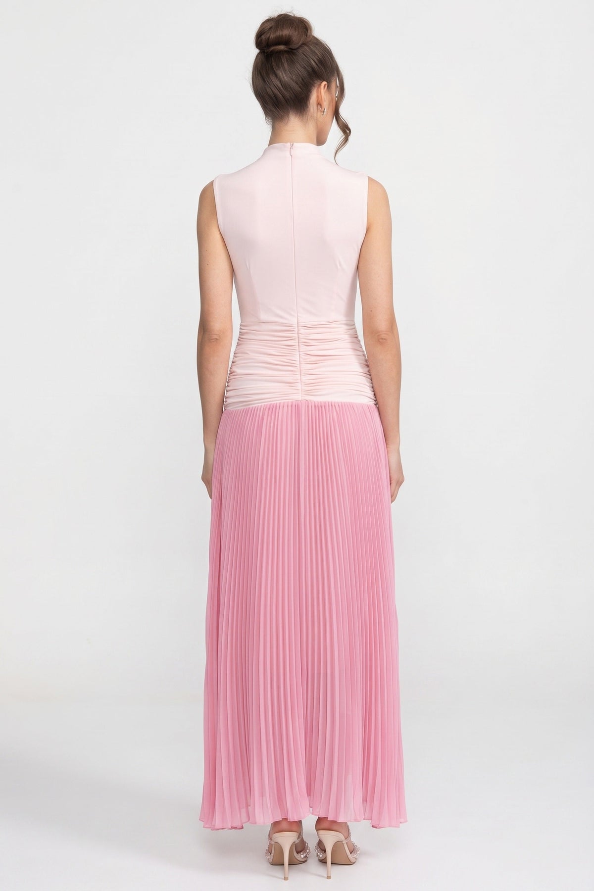 Accordion Pleated Halter Neck Column Maxi Dress with Ruched Waist – Pink – view 5