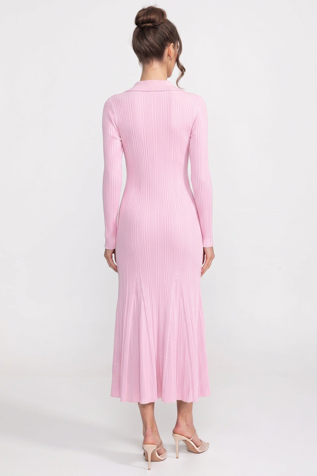 Long Sleeve Button-Front Knit Maxi Dress with Patch Pockets – Pink