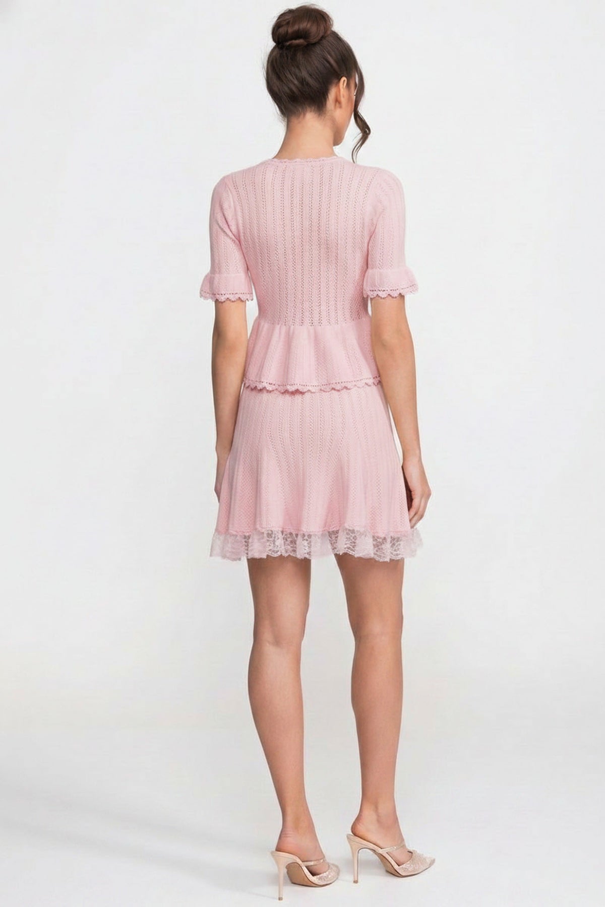 Peter Pan Collar Knit Peplum Top and Mini Skirt Set with Lace Hem – Pink – view 9
